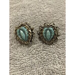 Vintage Turquoise Color Cabochon Screw Back Earrings Ornate Filigree